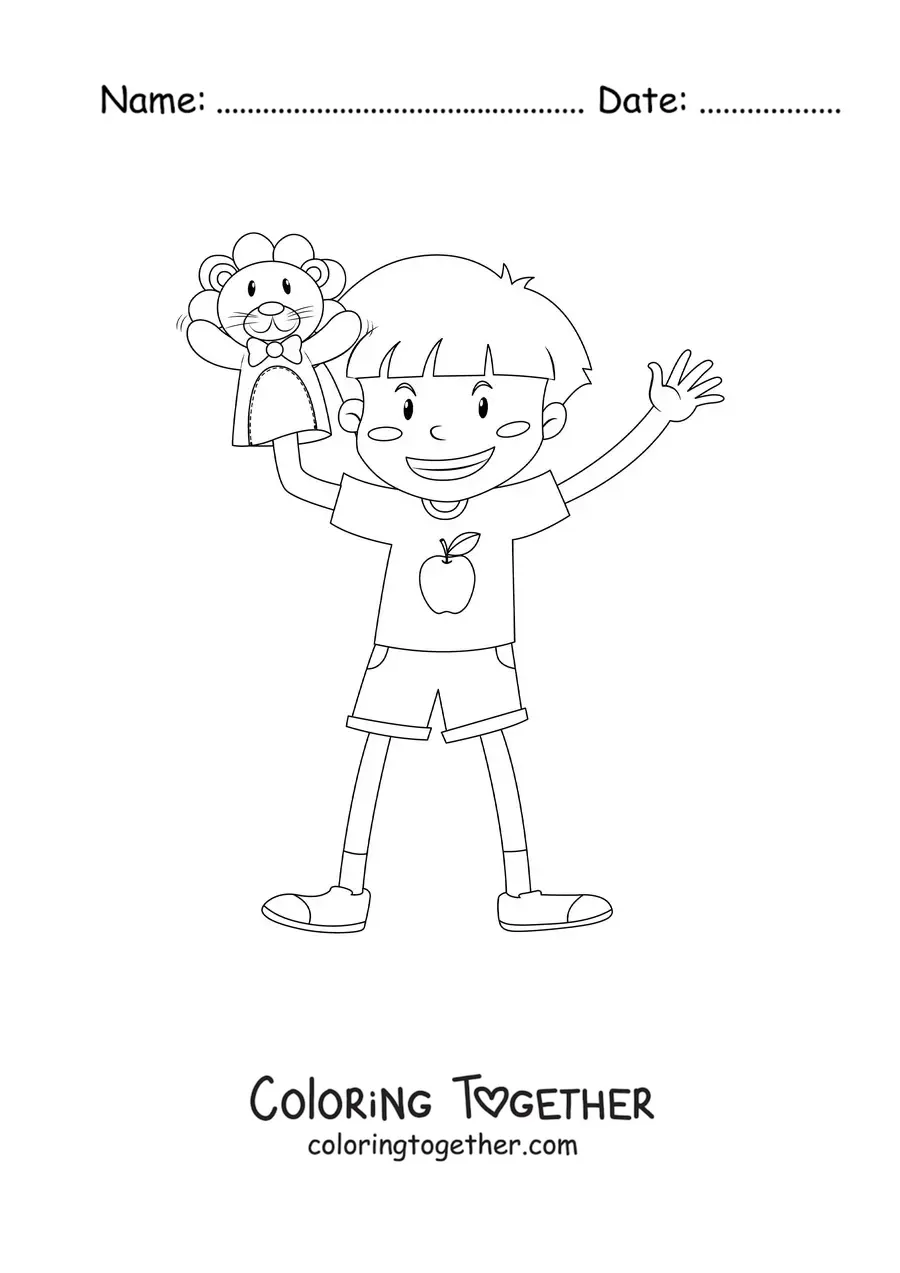 Coloring page of a boy playing with a puppet