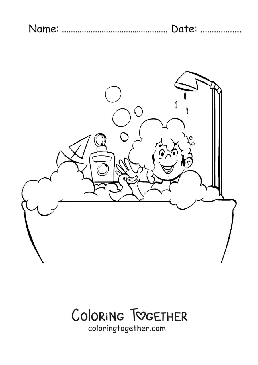 Coloring page of a boy playing in the bathtub
