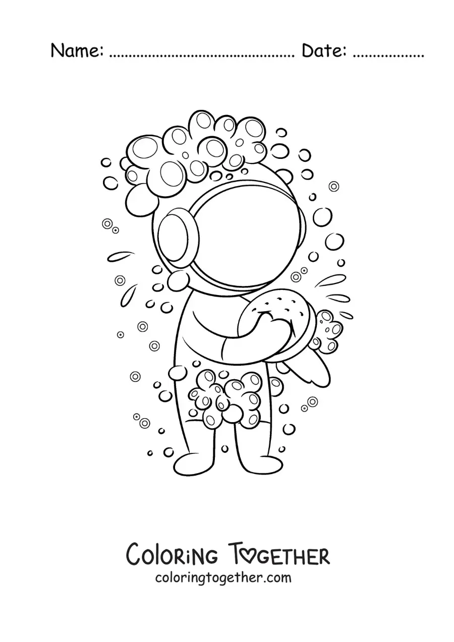 Coloring page of a cartoon astronaut taking a shower