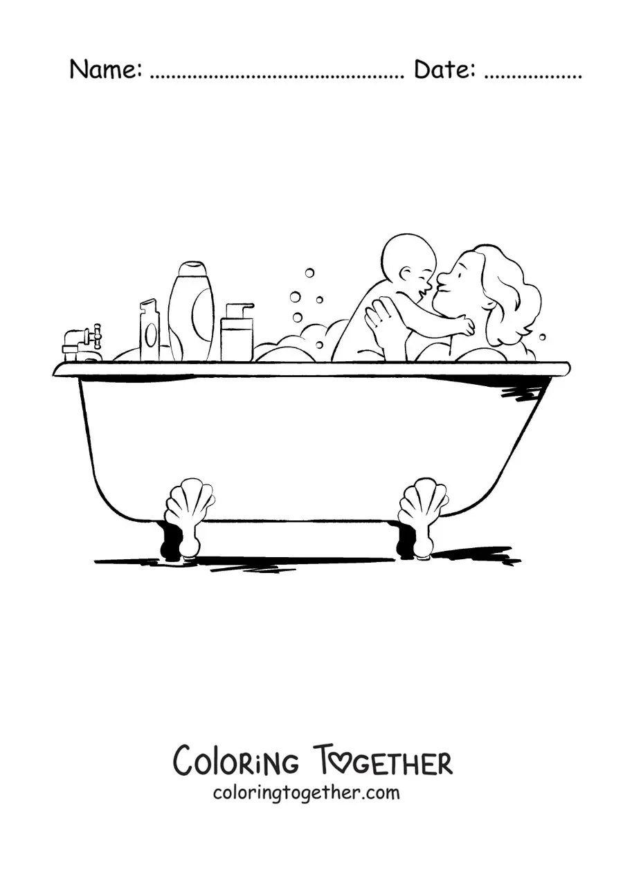 Coloring page of a mother in the bathtub with her baby