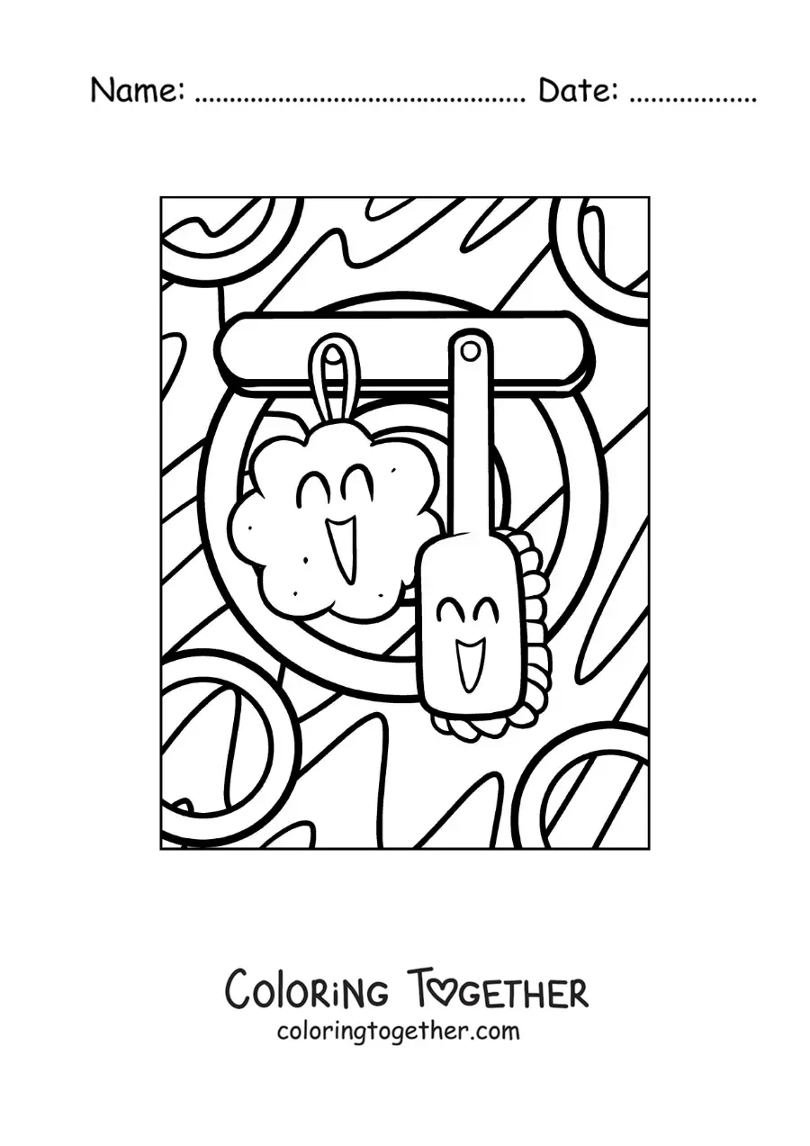 Coloring page of a cartoon body sponge and brush
