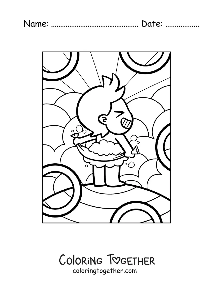 Coloring page of a cartoon of a boy drying off after a bath