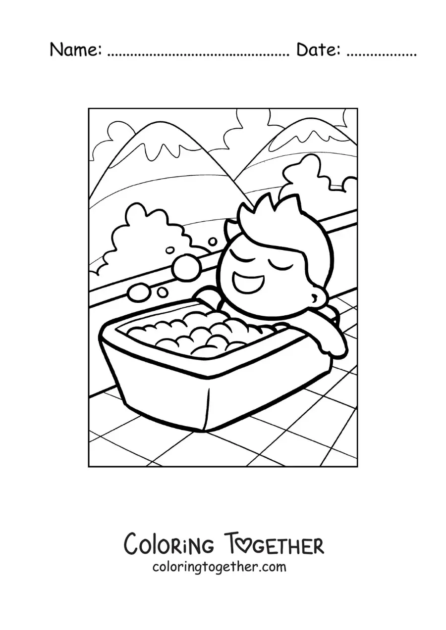 Coloring page of a cartoon of a boy taking a relaxing bath