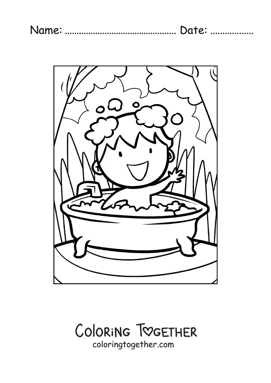 Coloring page of a cartoon of a boy bathing in a bathtub