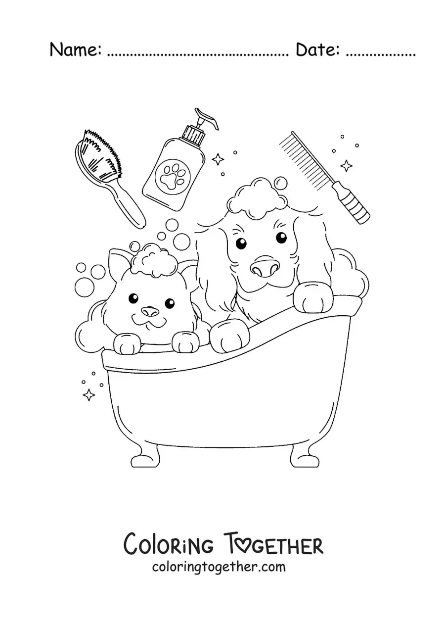 Coloring page of a cute dog and cat taking a bath