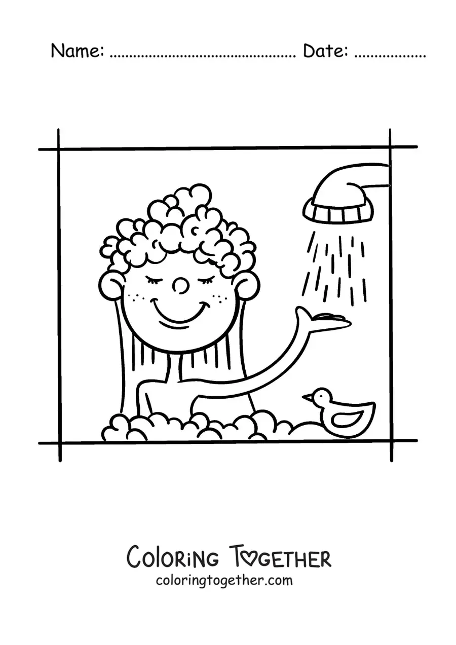 Coloring page of a cartoon of a girl in the shower