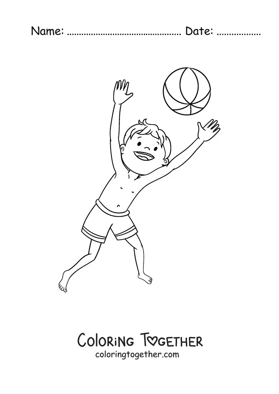 Coloring page of a boy playing with a beach ball