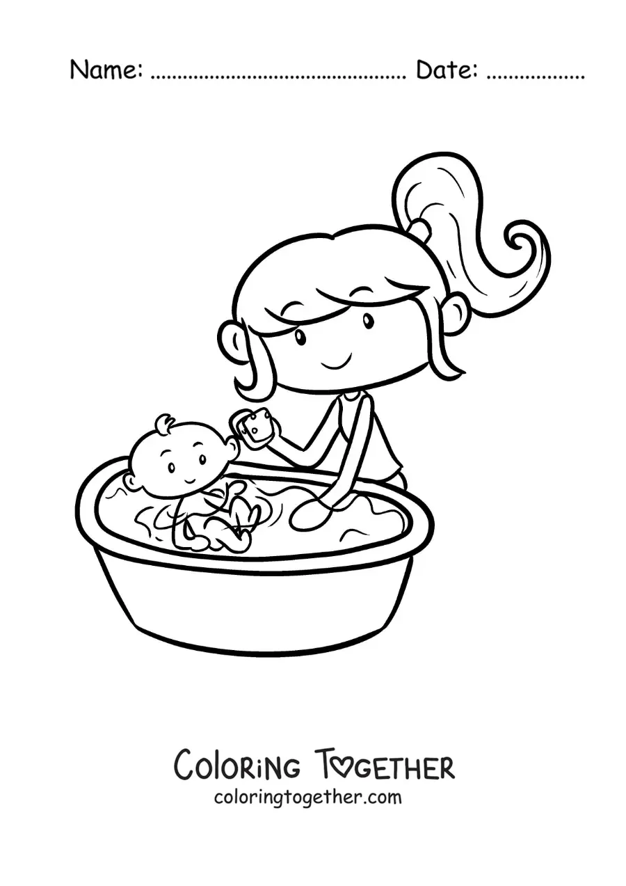 Coloring page of a girl bathing her baby sister