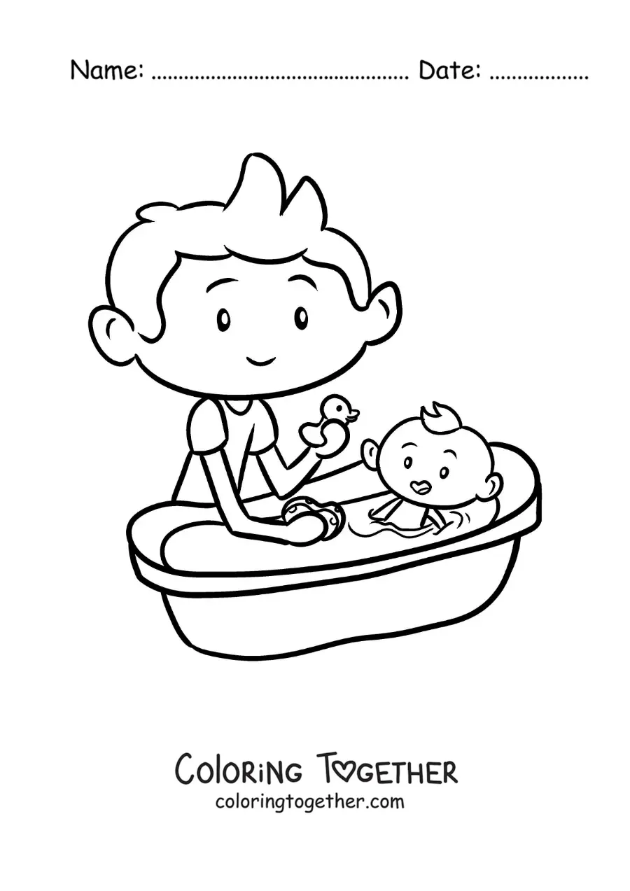 Coloring page of a boy bathing his baby brother