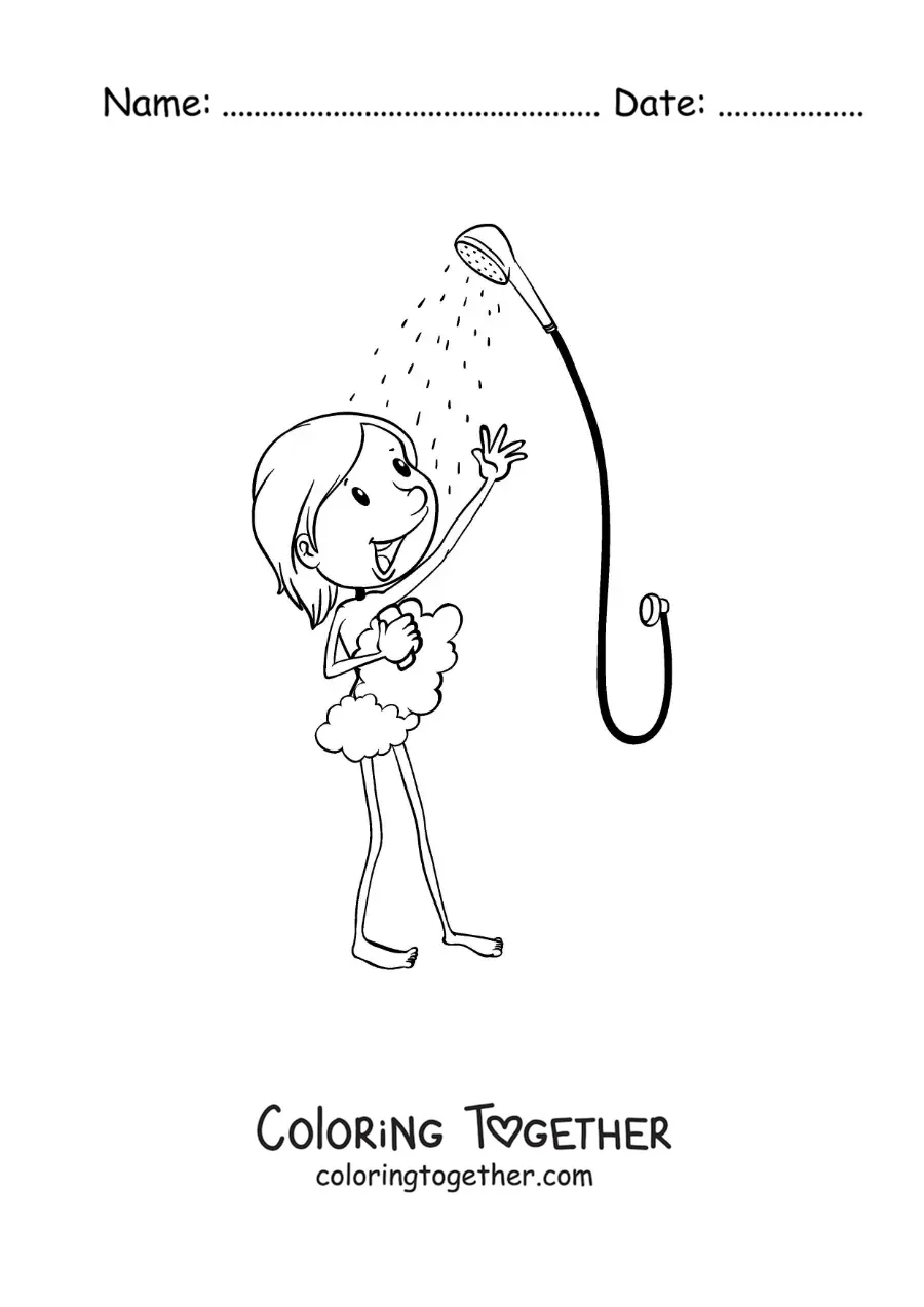 Coloring page of a boy in the shower