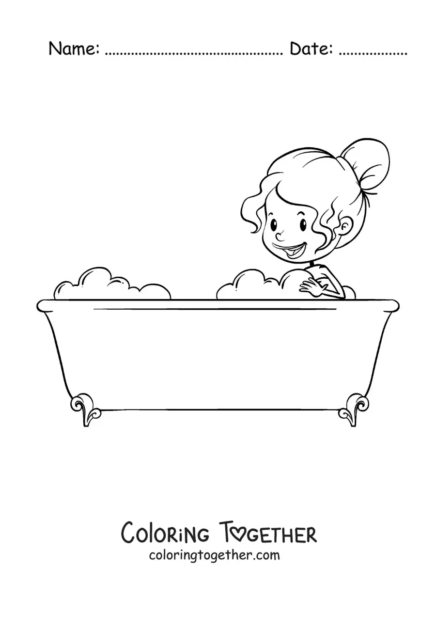 Coloring page of a girl in the bathtub