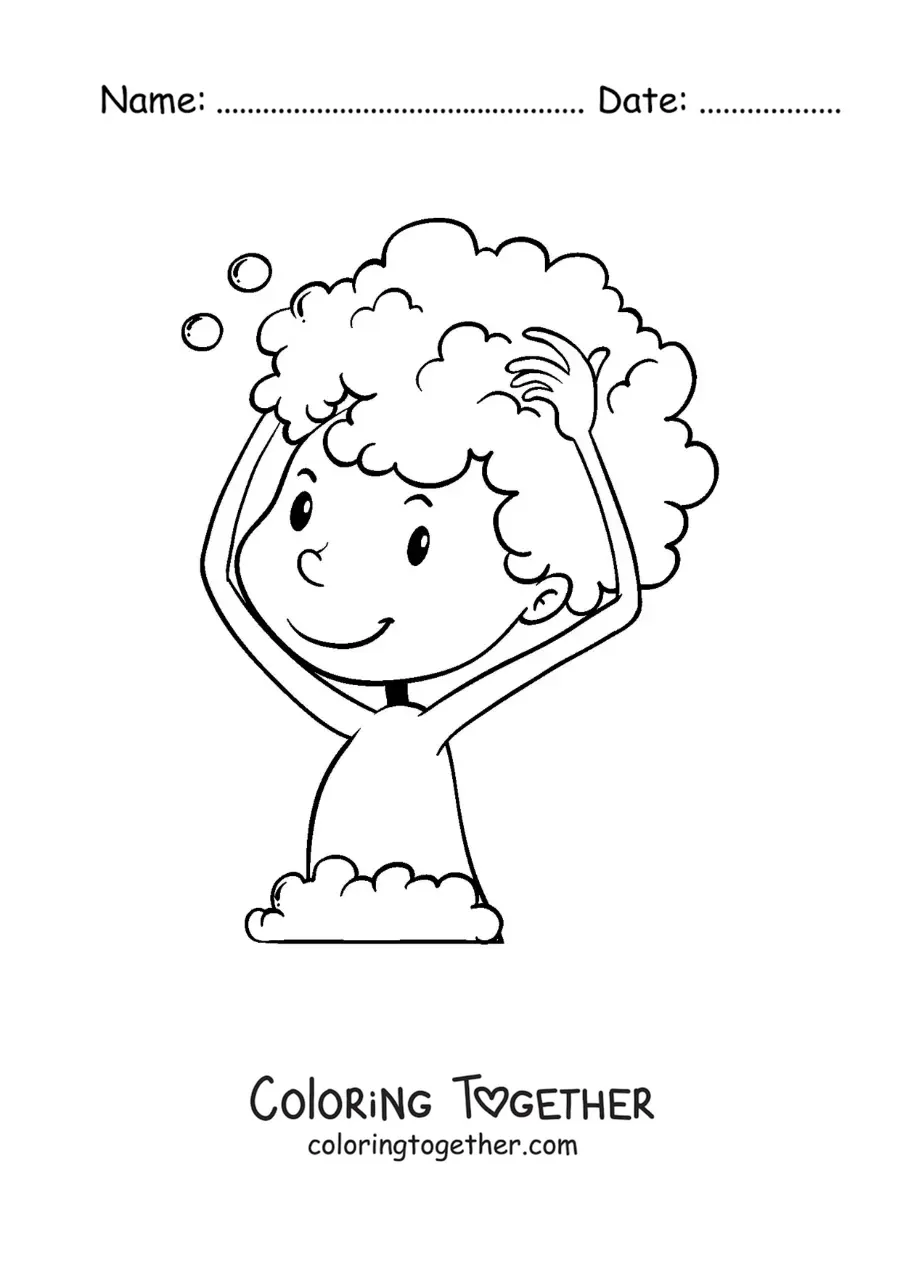 Coloring page of a boy washing his hair with shampoo