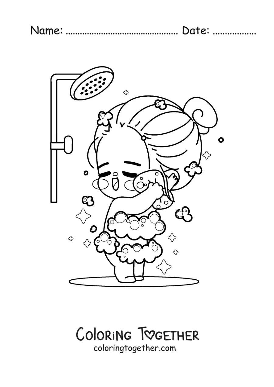 Coloring page of a kawaii girl singing while taking a shower