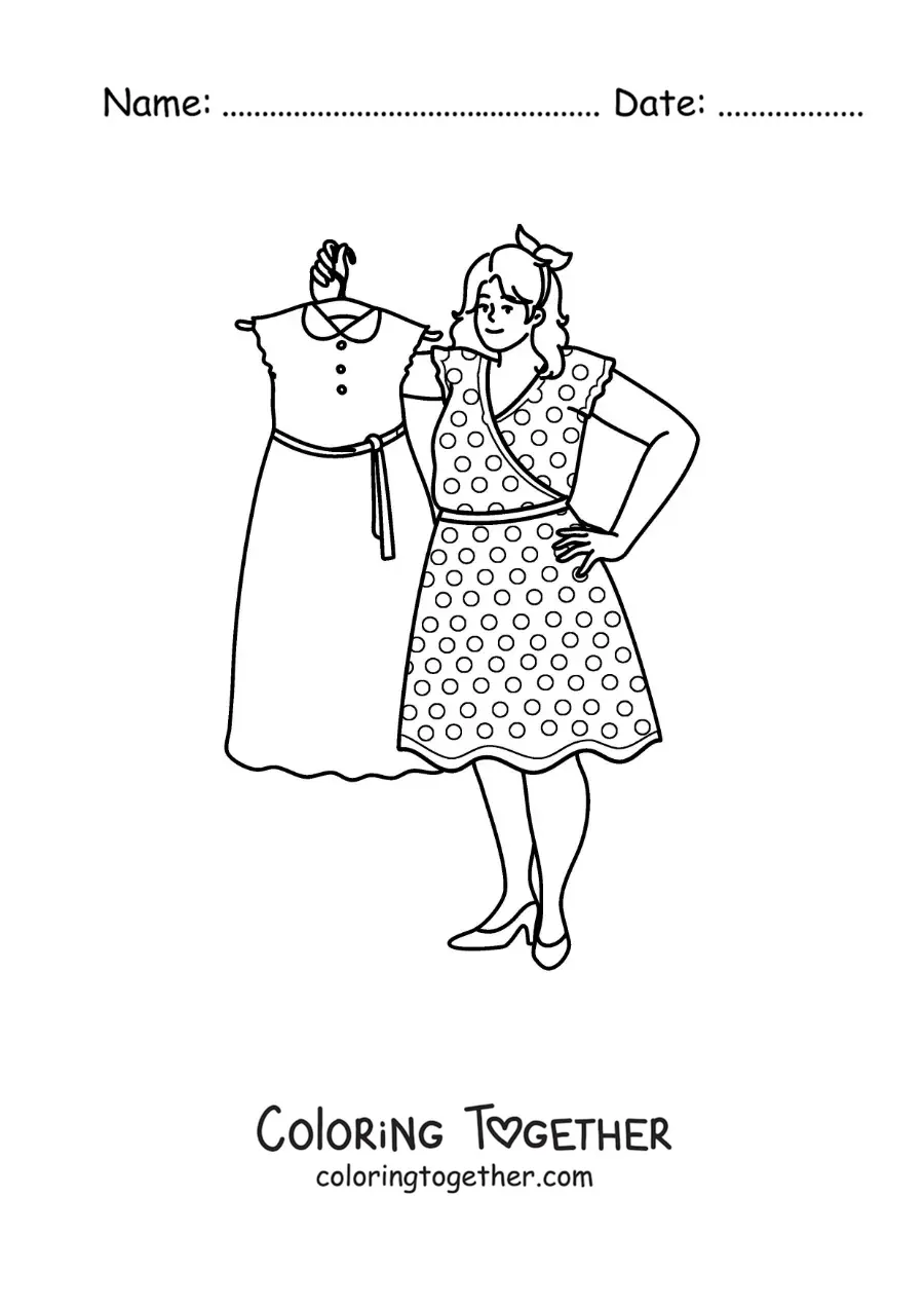 Coloring page of a cute girl with a dress on a hanger