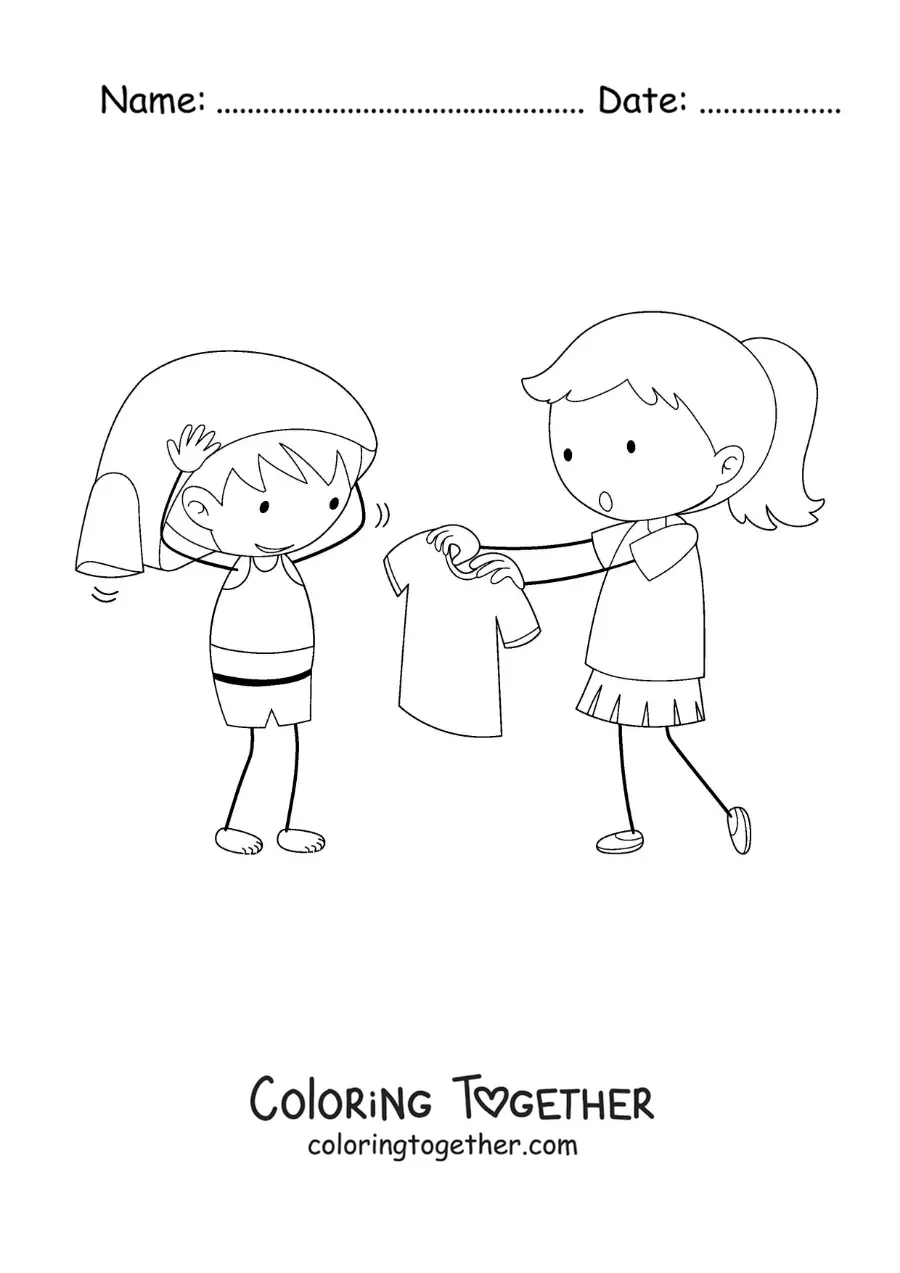 Coloring page of a girl helping her little brother get dressed