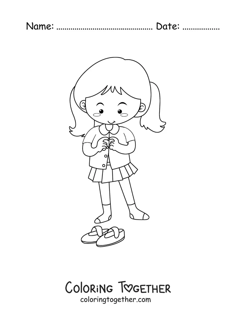 Coloring page of a girl putting on her uniform to go to school