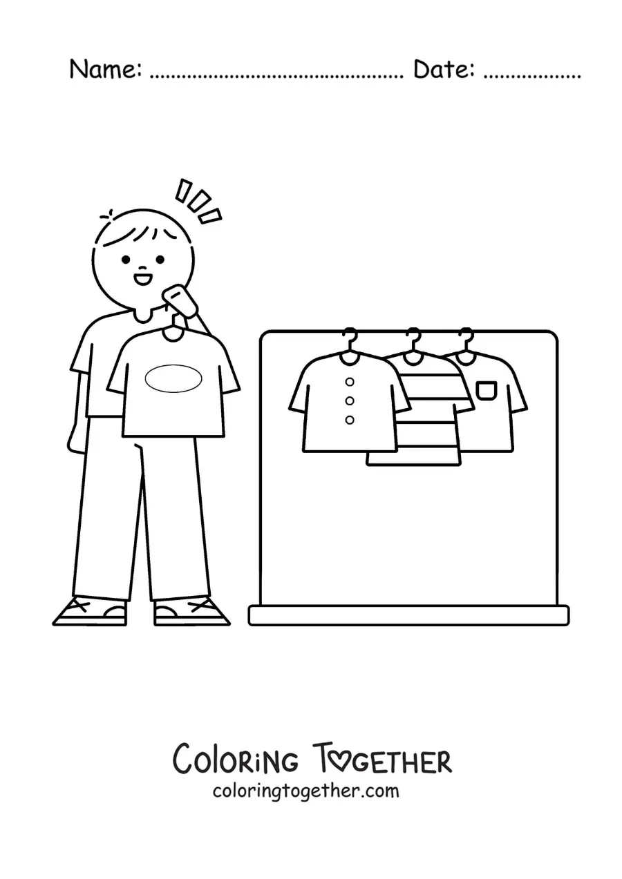 Coloring page of a boy choosing a shirt from his closet