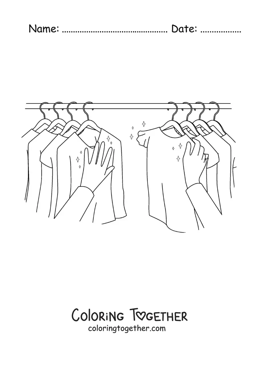 Coloring page of a person choosing a t-shirt from their closet