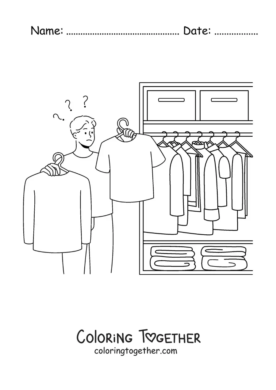 Coloring page of a man choosing a shirt from his wardrobe