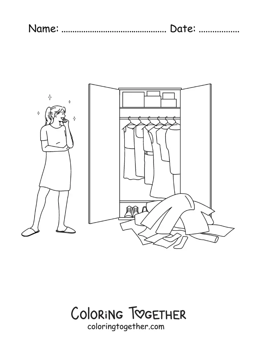 Coloring page of a girl choosing what to wear from her closet