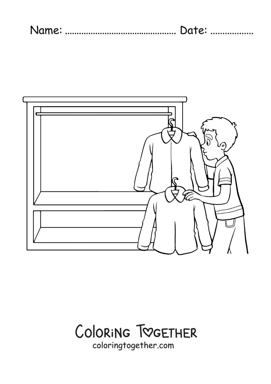 Coloring page of a boy pulling shirts out of his closet