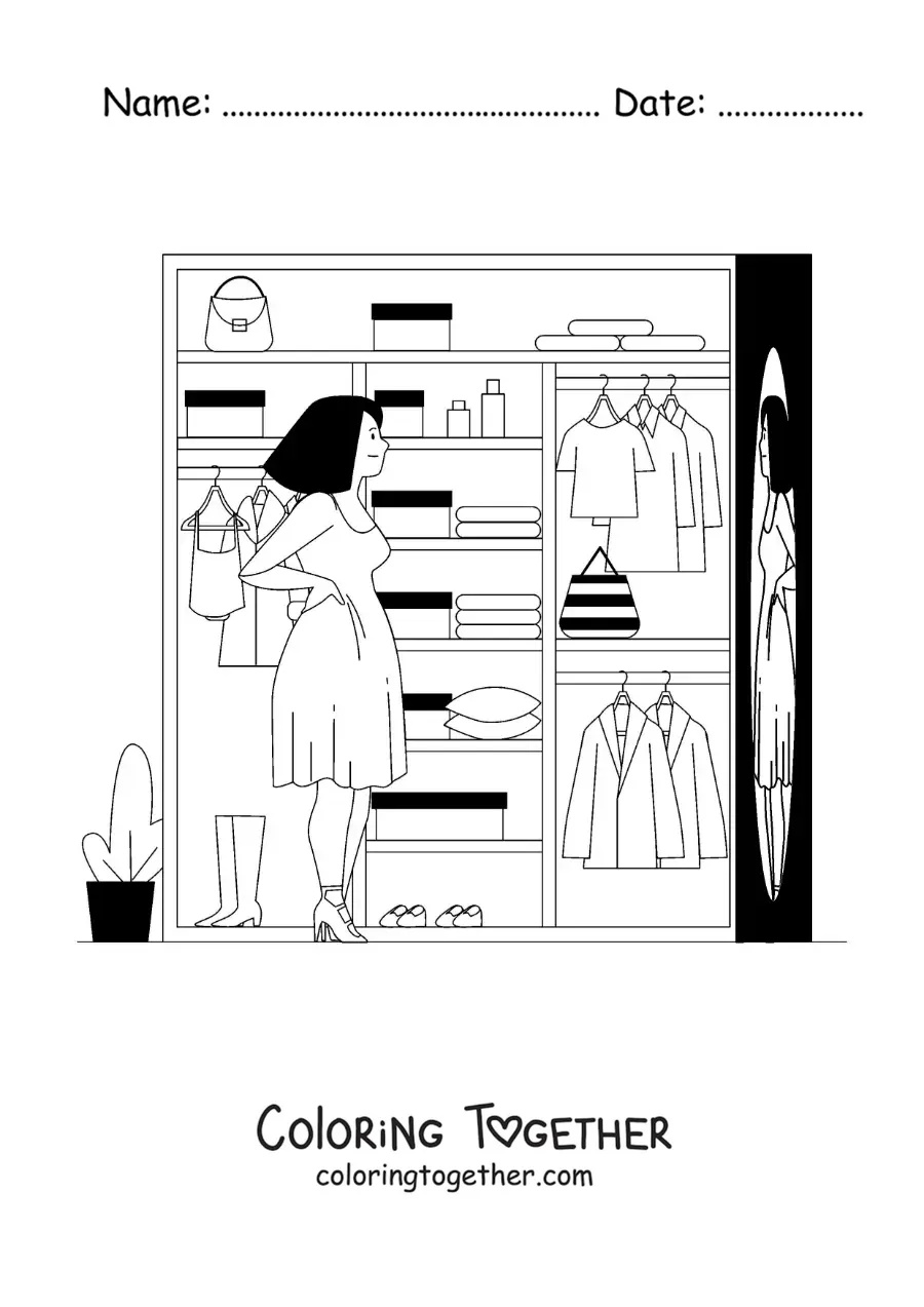 Coloring page of a girl choosing her outfit to go out