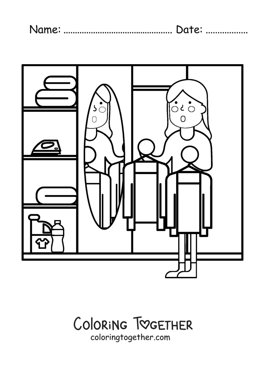 Coloring page of a cartoon of a woman choosing her outfit from the closet