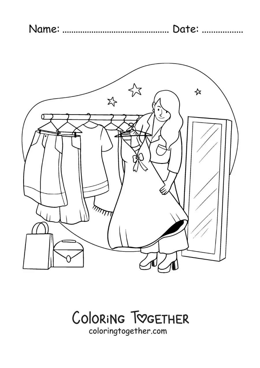 Coloring page of a girl choosing a dress and a bag from her closet