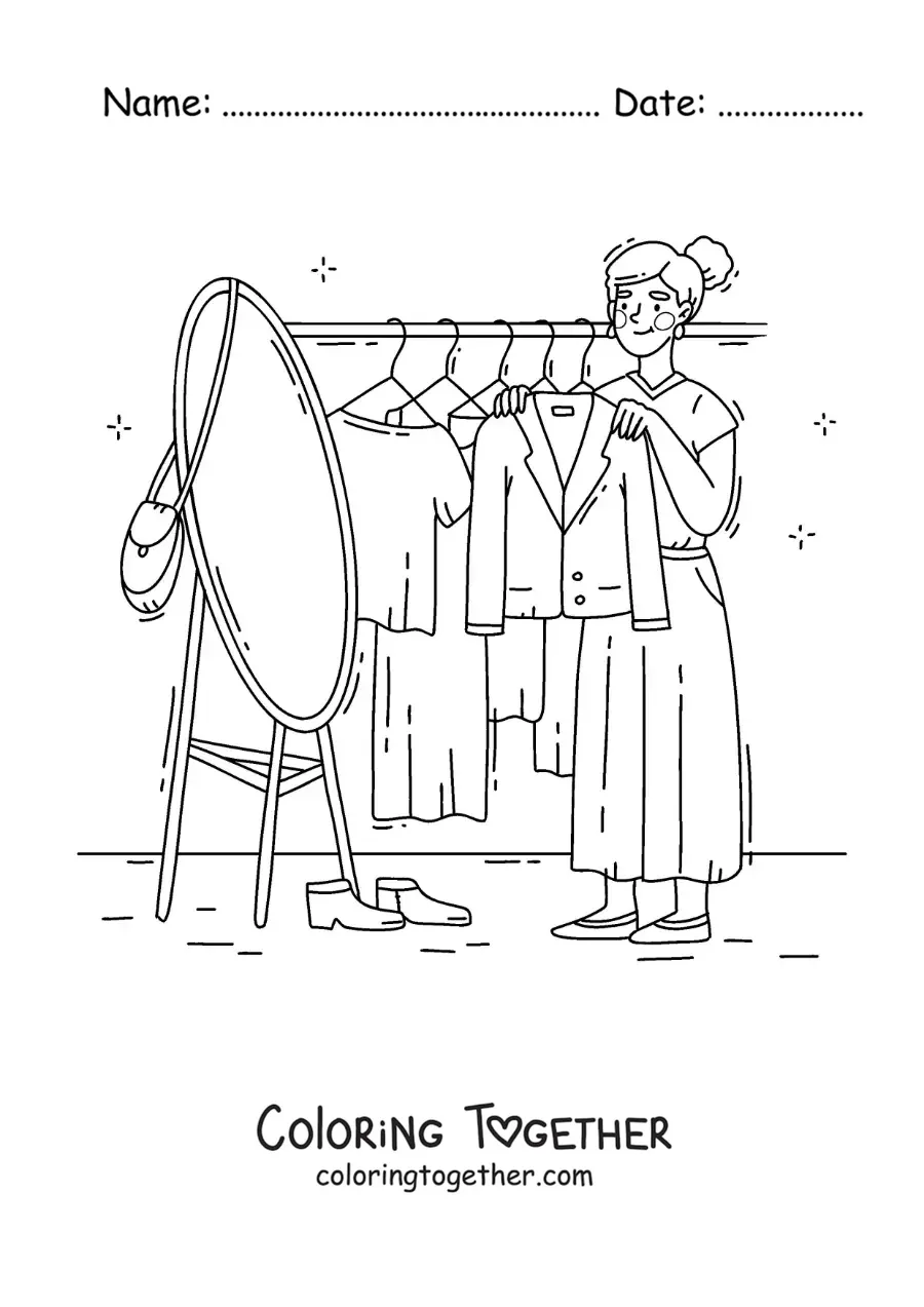 Coloring page of a girl trying on a coat in front of the mirror