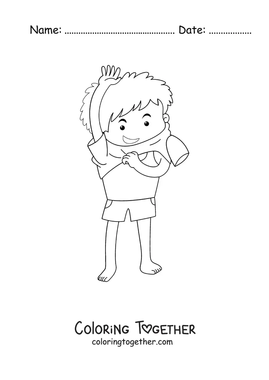 Coloring page of a boy putting on his uniform shirt