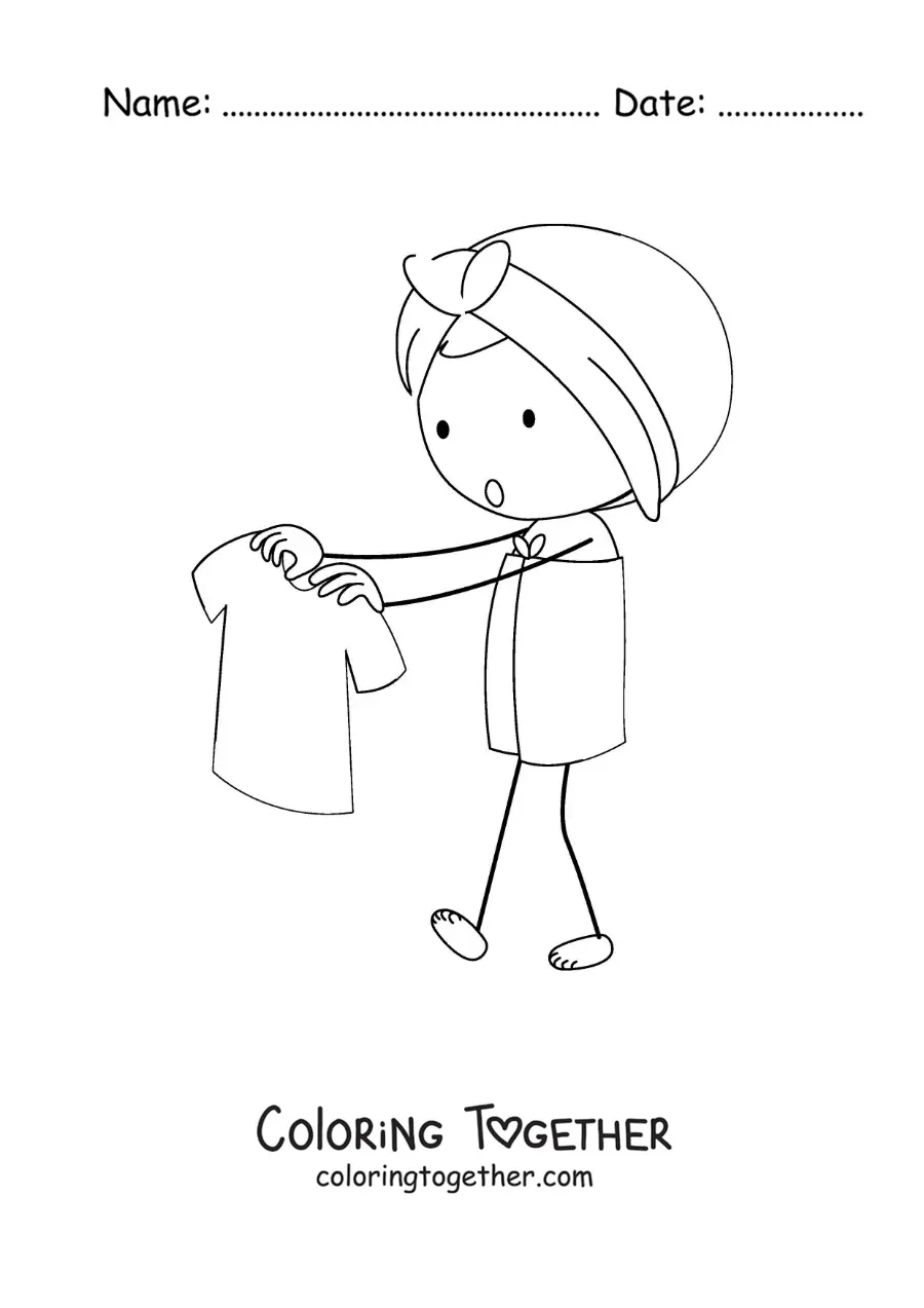 Coloring page of a girl wrapped in towels holding a shirt on a hanger