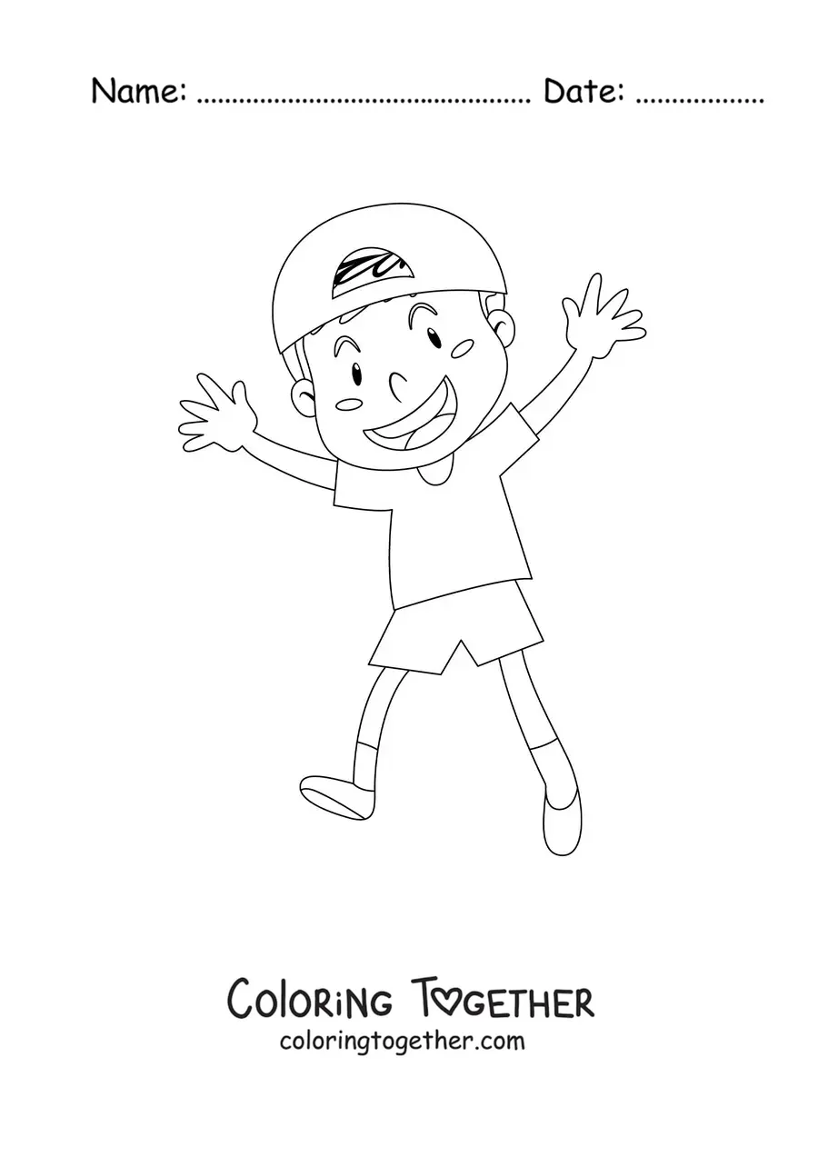 Coloring page of a boy jumping happily