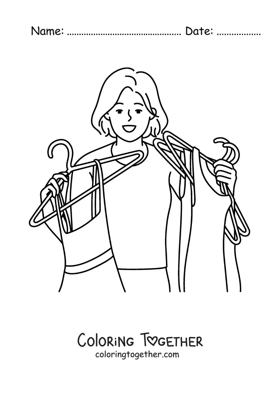 Coloring page of a woman holding several hangers with dresses from her closet