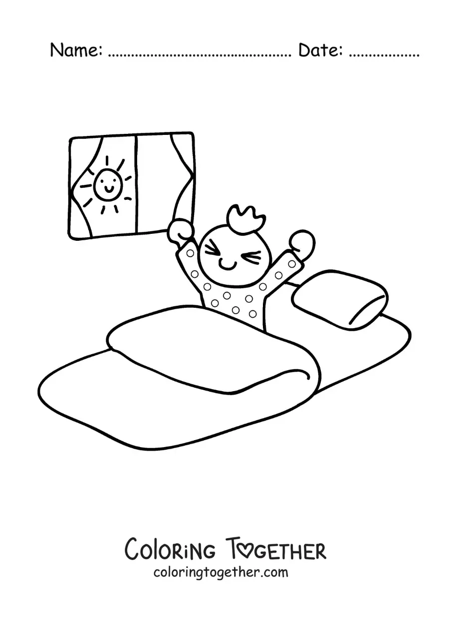 Coloring page of a boy waking up in his bedroom in the morning