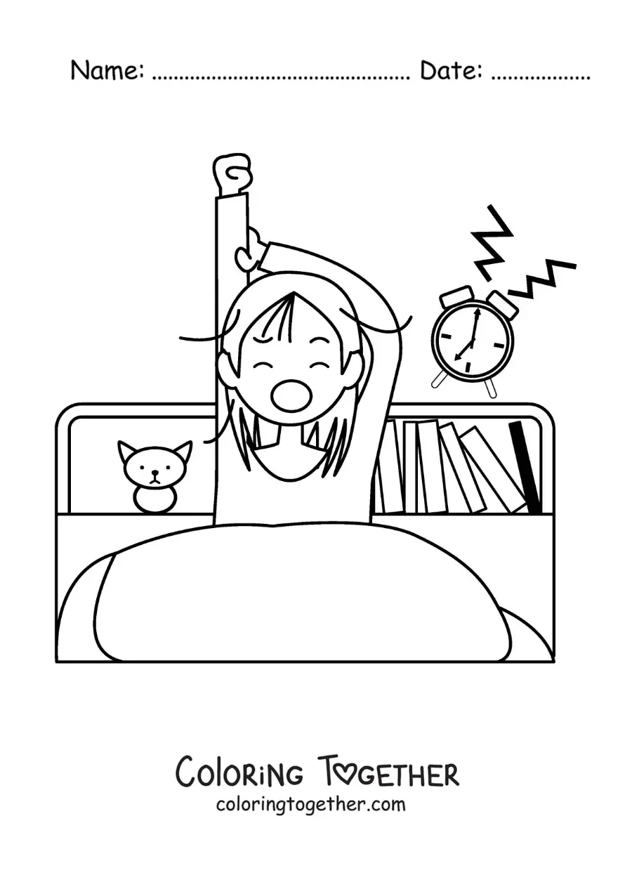 Coloring page of a girl waking up in her bedroom with an alarm clock