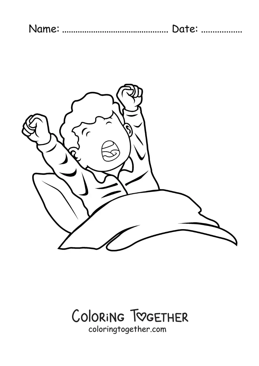 Coloring page of a boy yawning in bed as he wakes up