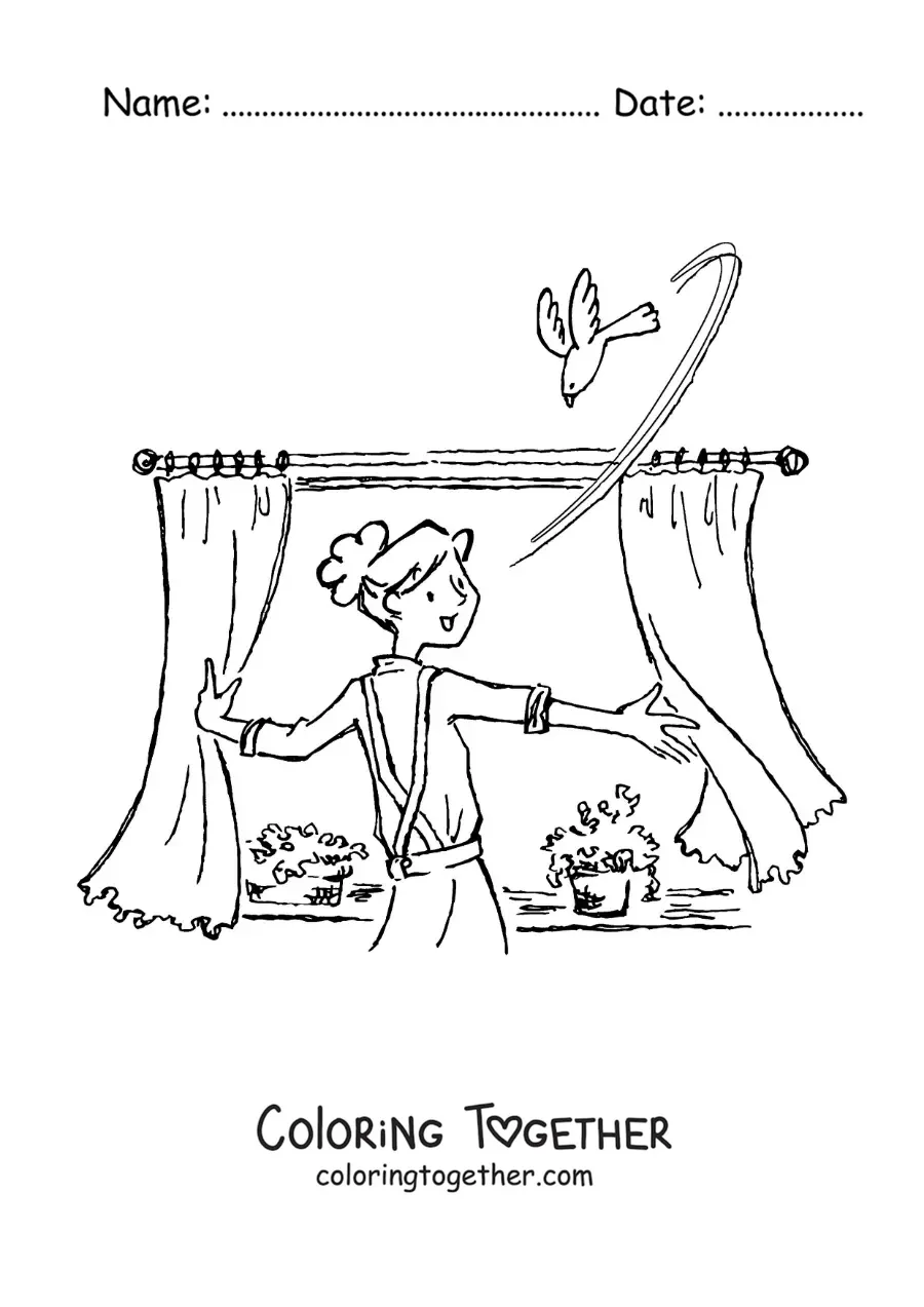 Coloring page of a girl opening the window in the morning