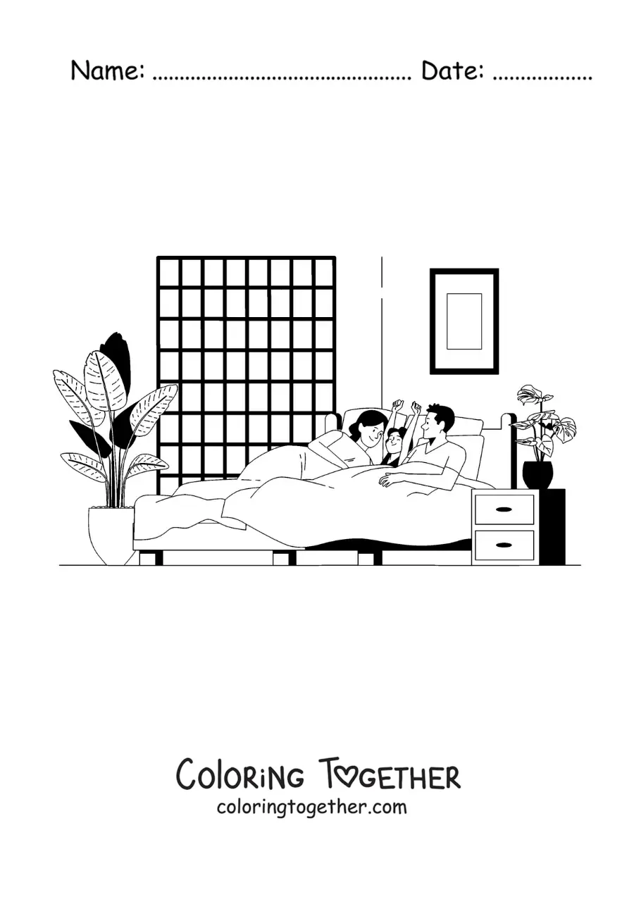 Coloring page of a girl waking up next to her parents in the morning