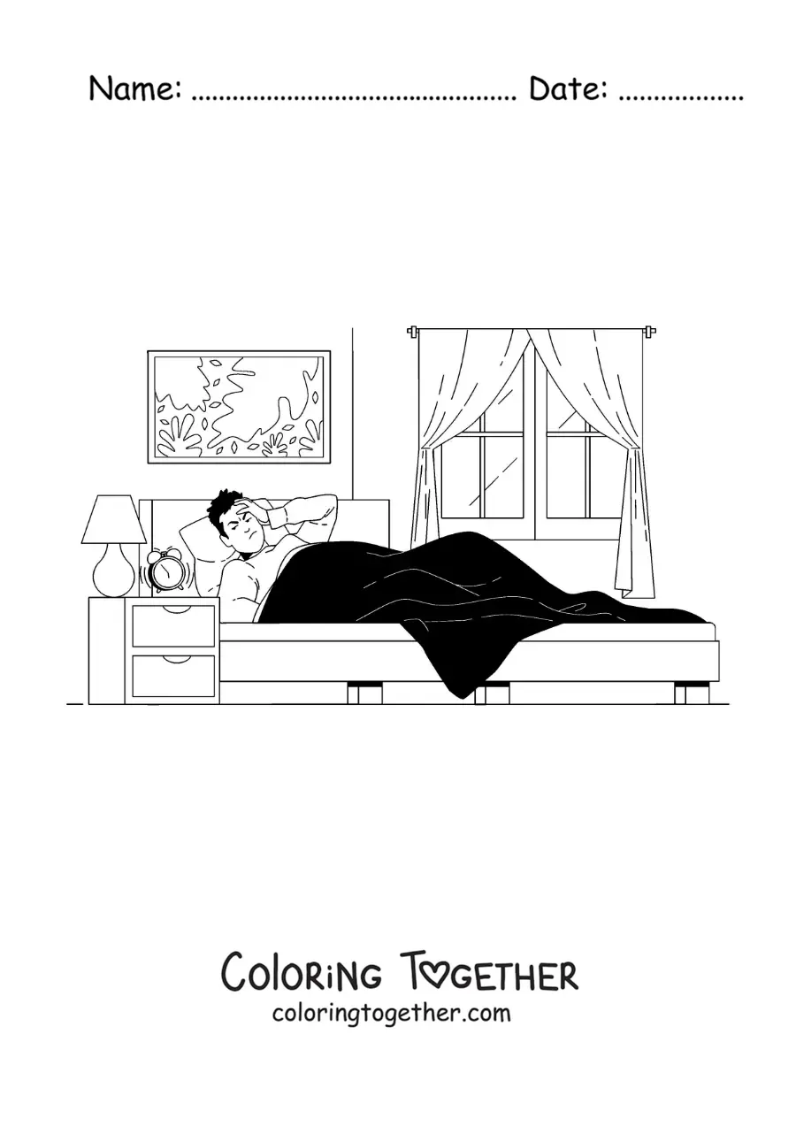 Coloring page of a boy waking up in his bedroom with an alarm clock