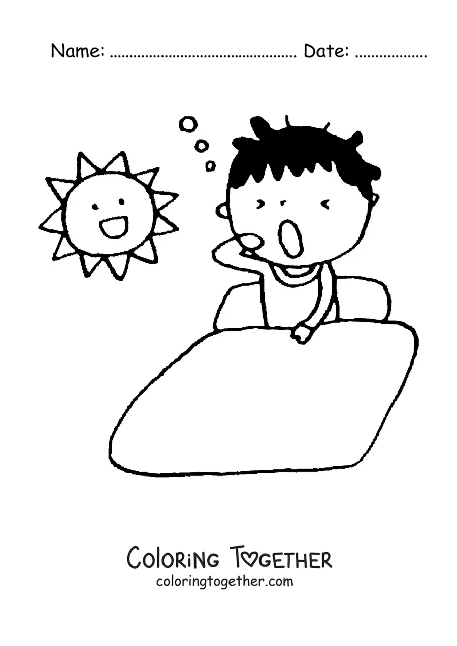 Coloring page of a cartoon of a boy yawning in the morning