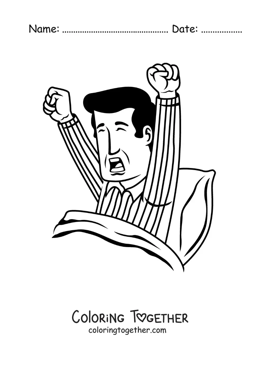 Coloring page of a cartoon of a man waking up in the morning
