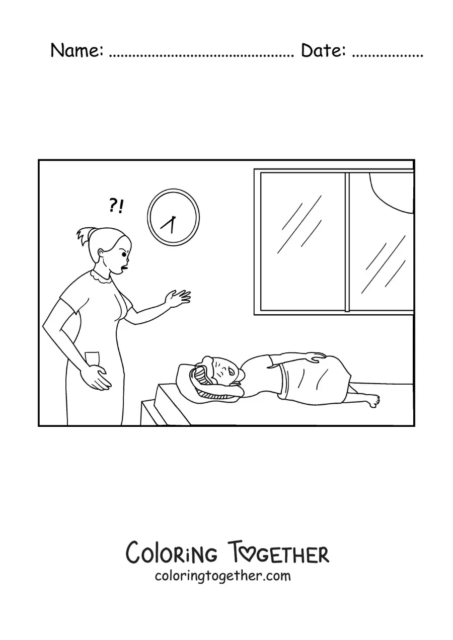 Coloring page of an angry mother waking her son up early