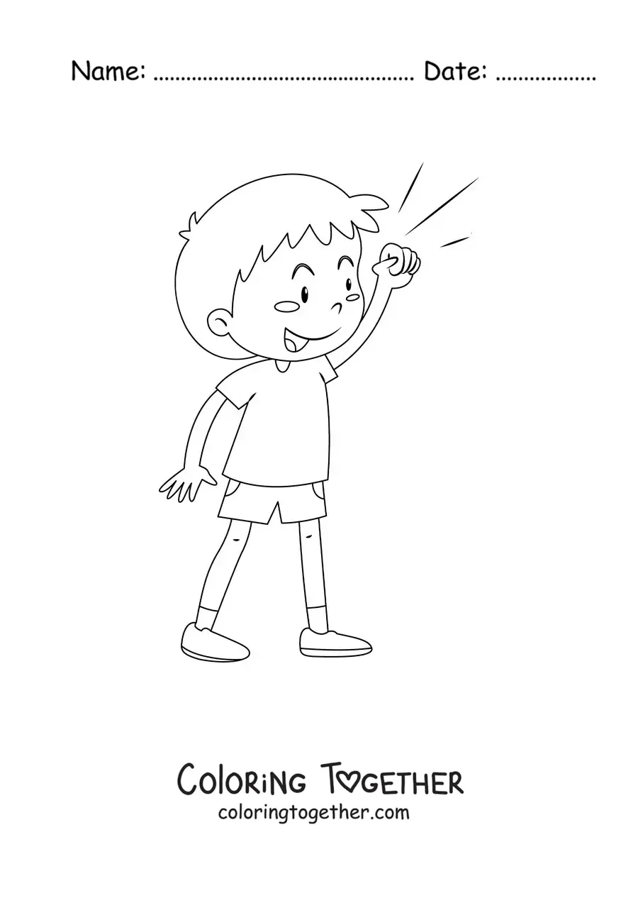 Coloring page of a cheerful boy celebrating with his fist raised