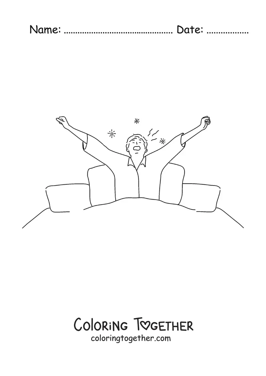 Coloring page of a boy stretching in bed as he wakes up