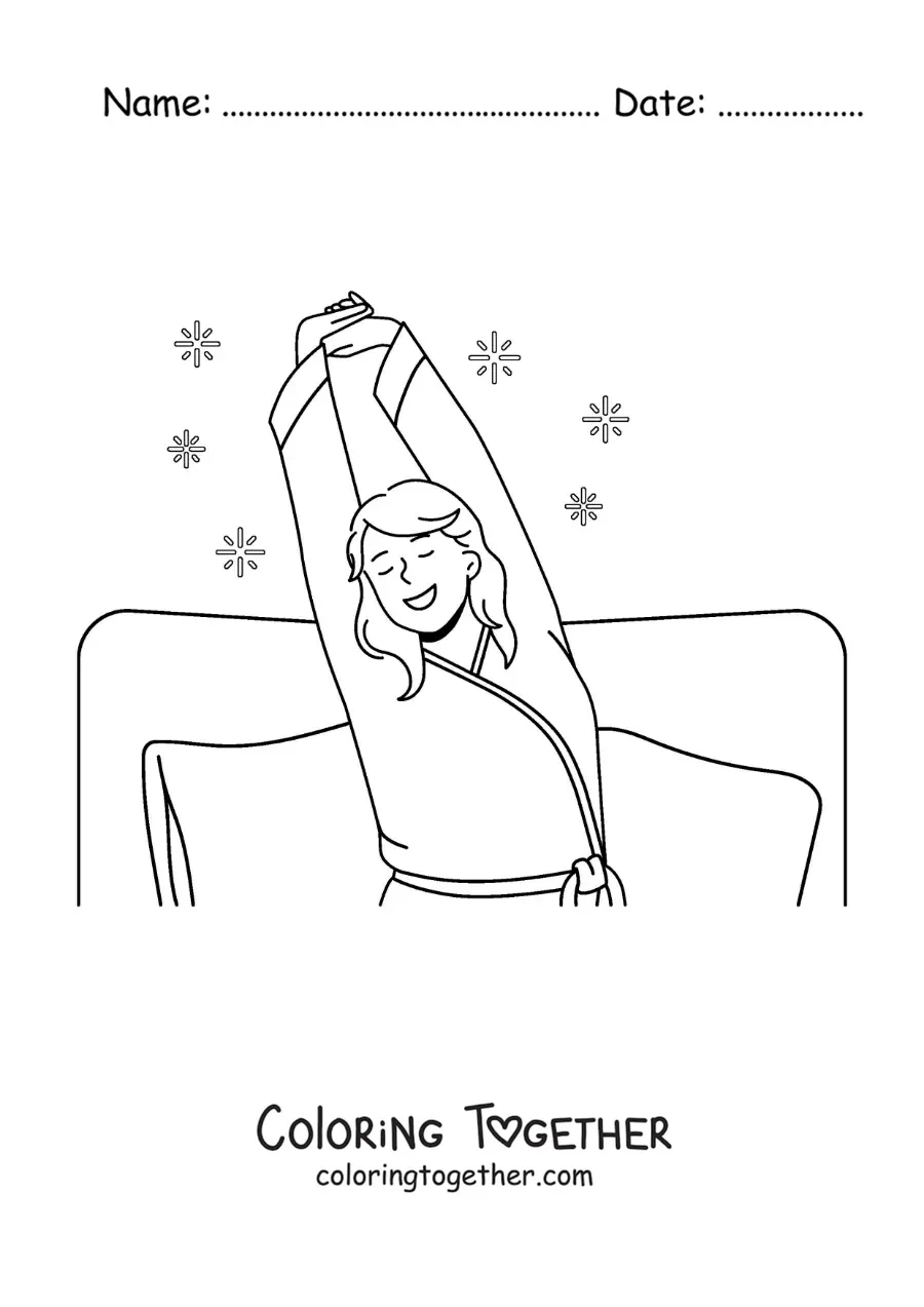 Coloring page of a girl stretching in bed as she wakes up