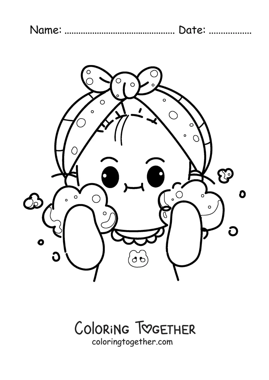 Coloring page of a kawaii girl washing her face when she wakes up in the morning
