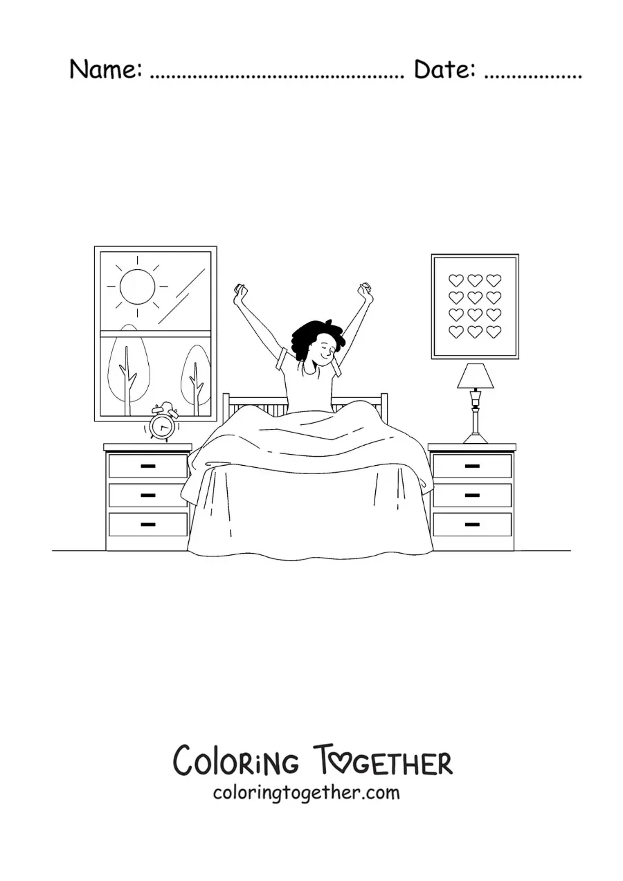 Coloring page of a boy waking up in his bedroom with an alarm clock