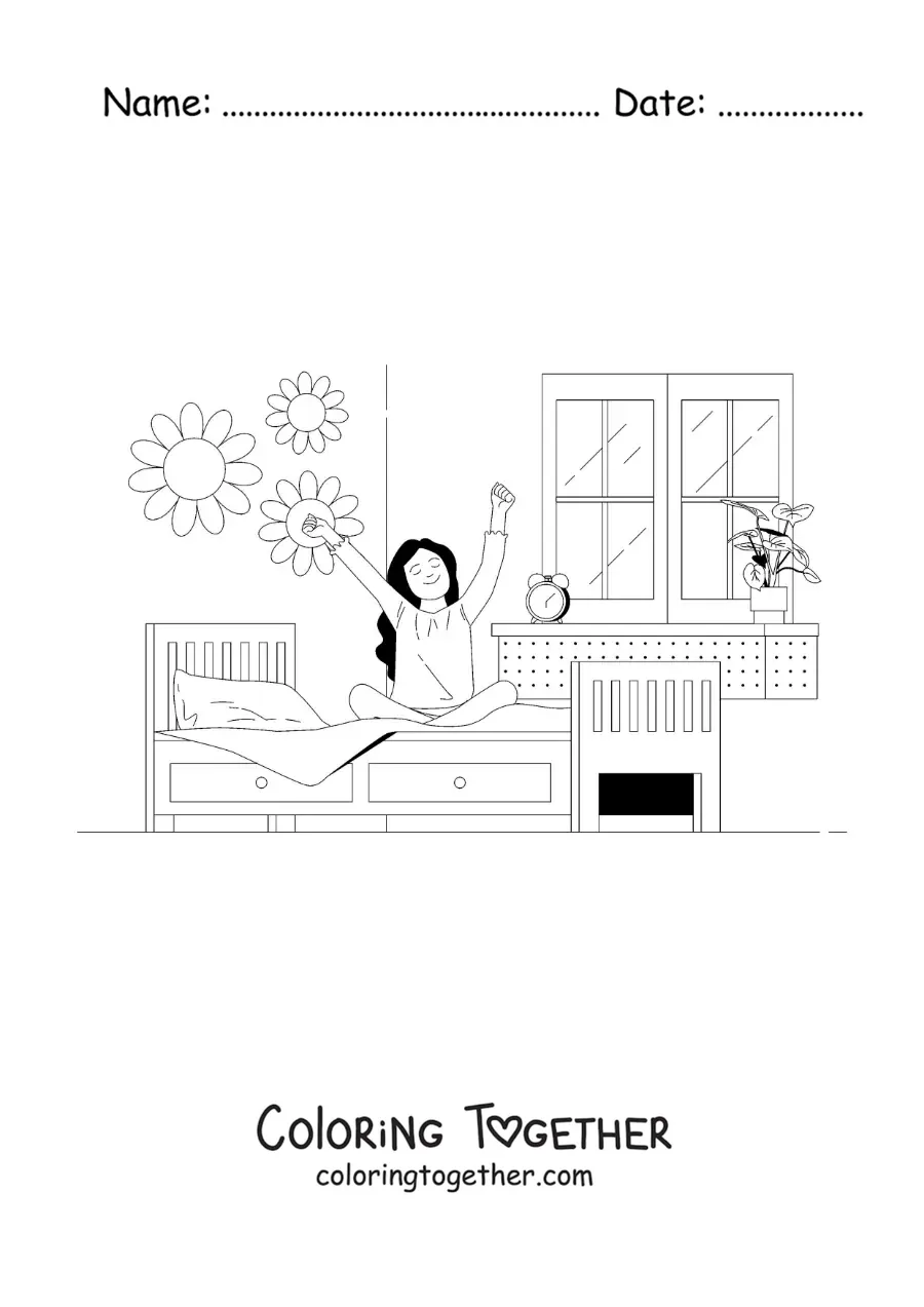 Coloring page of a girl getting out of bed in her bedroom with an alarm clock