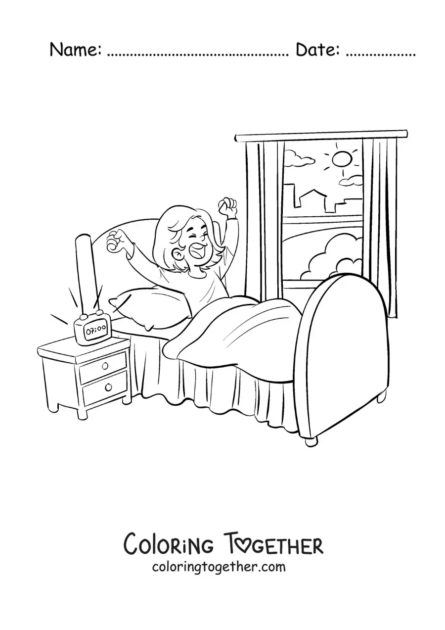 Coloring page of a cartoon girl waking up in her bedroom with an alarm clock