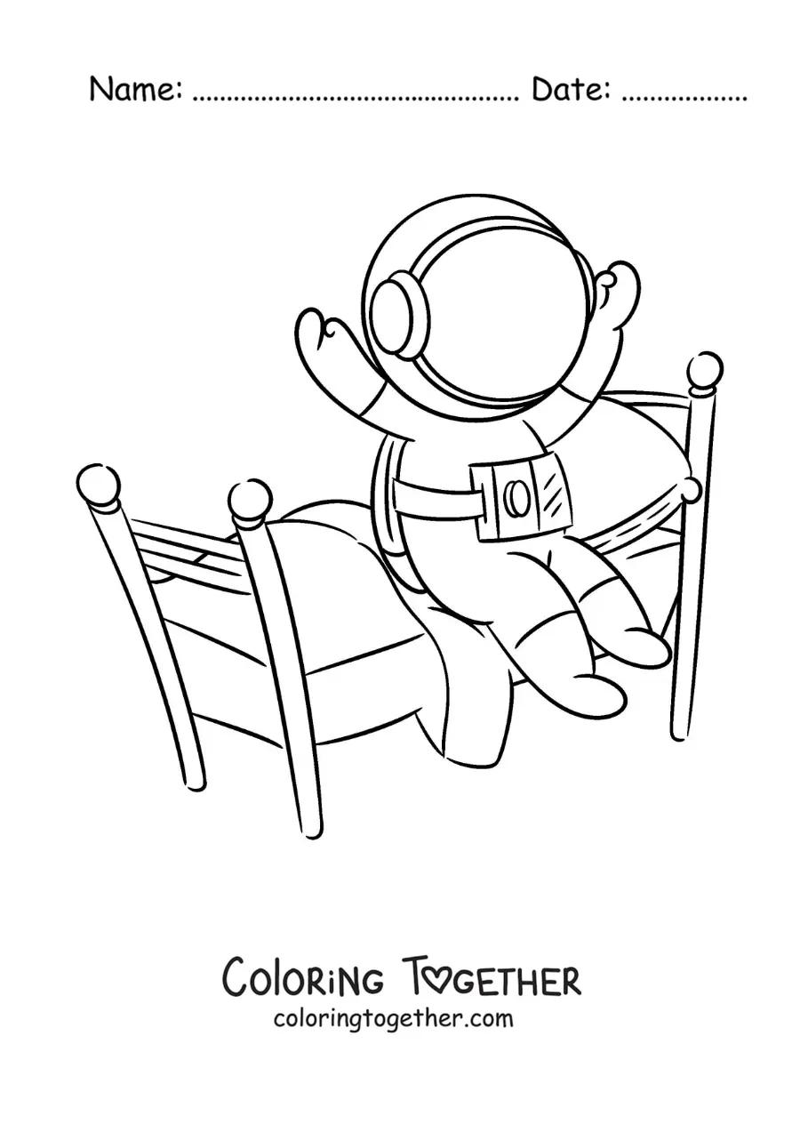Coloring page of a cartoon astronaut getting out of bed